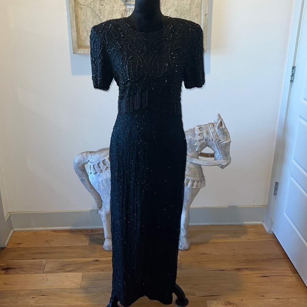 Night Vogue beaded black long dress gown‎ 100% silk vintage Sz M